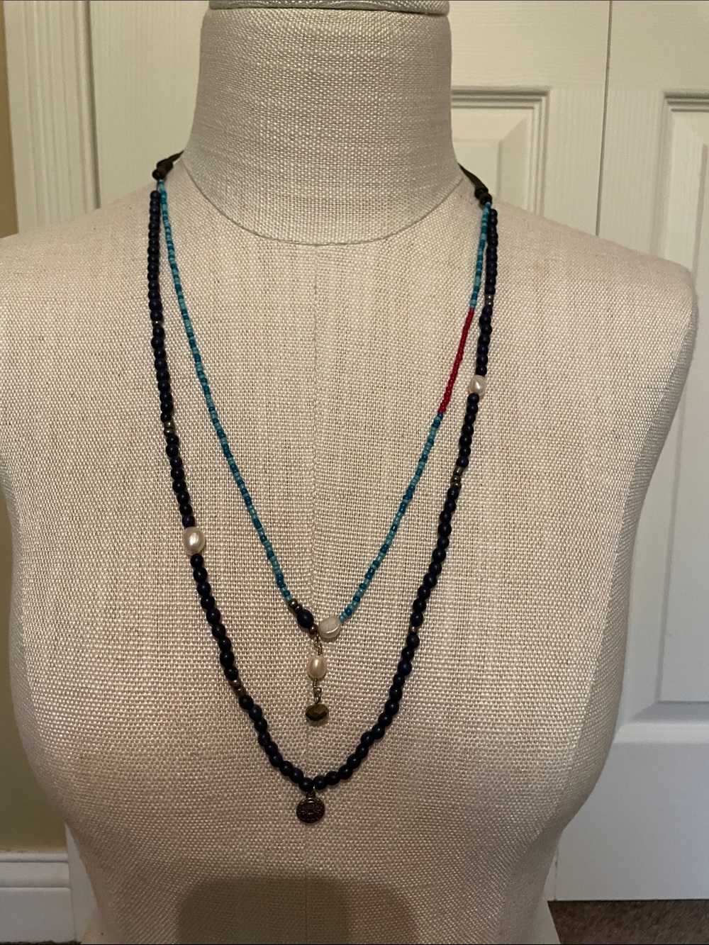 J. Jill Navy and Turquoise Layered Beaded Necklace with Pearl Accents
